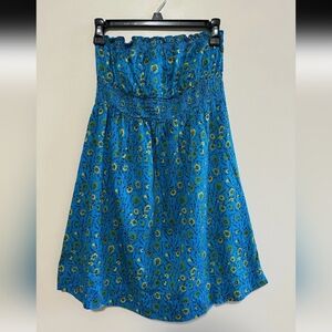 Free People Strapless Smocked Teal and Yellow Flower Print Summer Dress